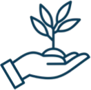 Icon for years of innovation, with a hand holding a plant. 