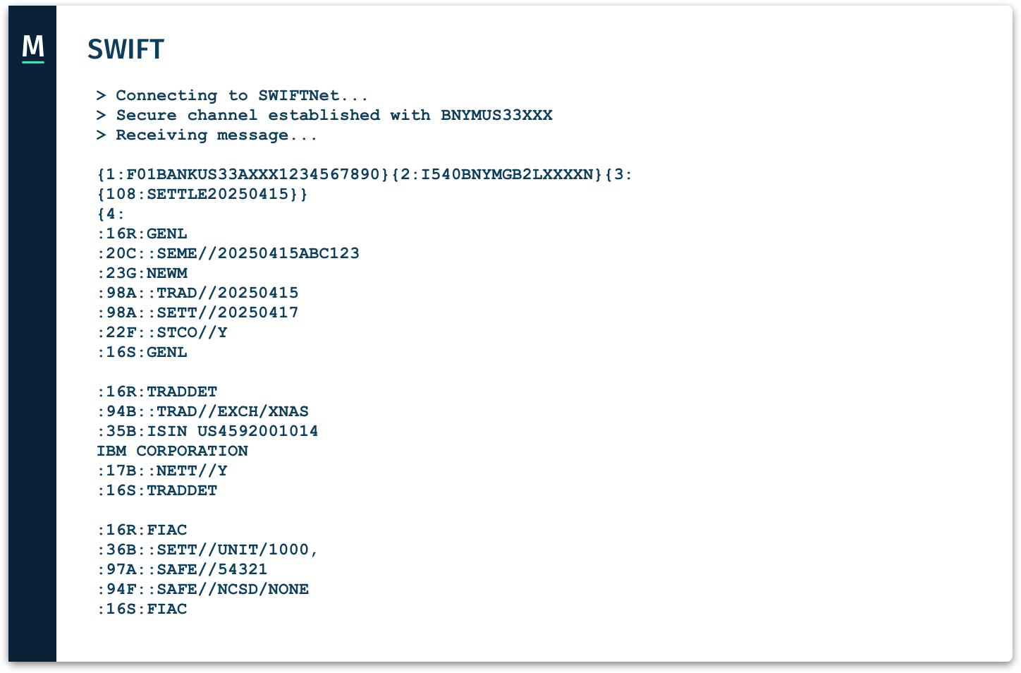 Screenshot of our automated SWIFT settlement via SWIFT/CLS, connecting your Custodian or Bank Account to the counterparty.