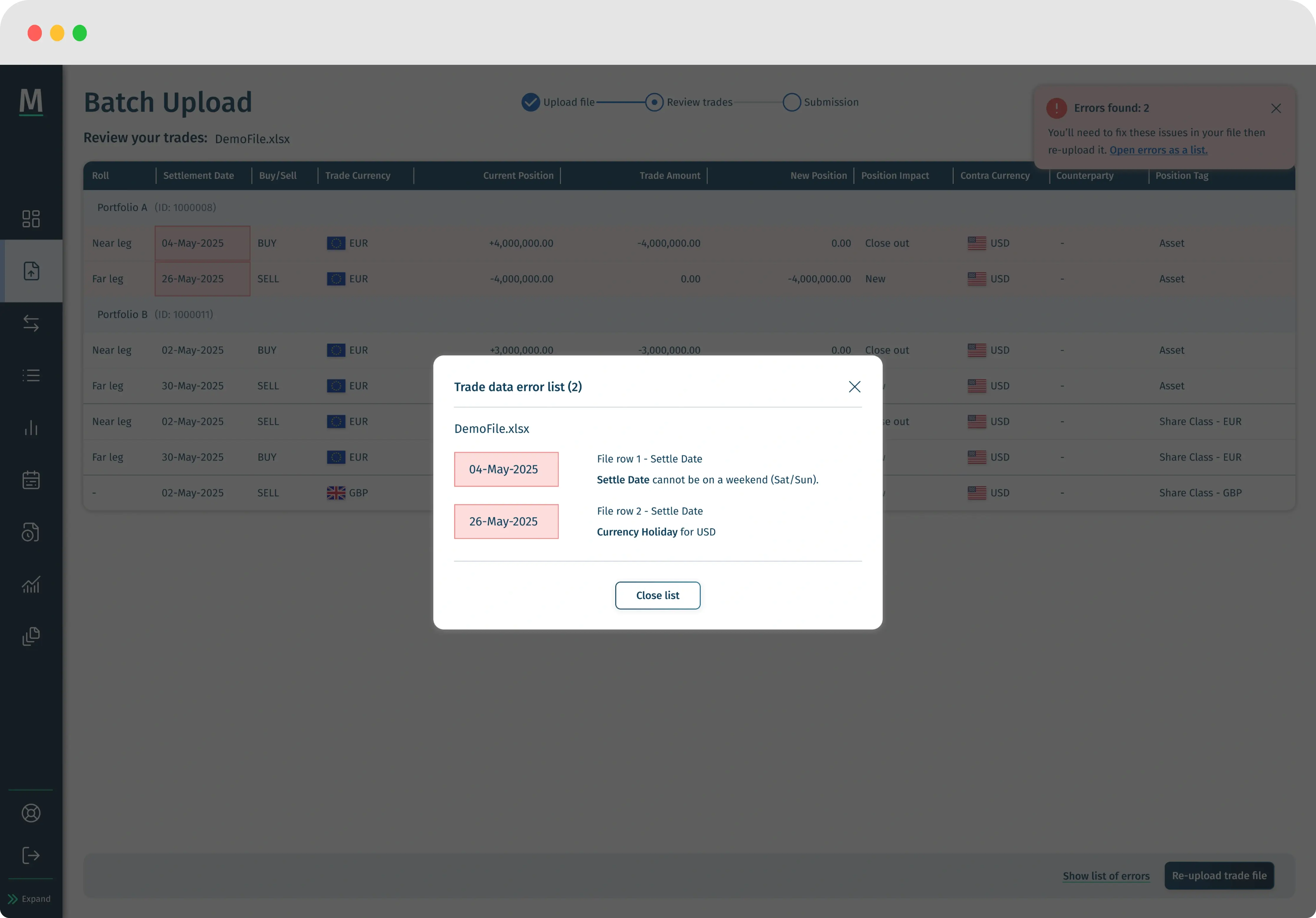 Screenshot of our platform displaying a trade data error list, highlighting governance and control settings.