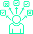 Icon aiding informed decisions with an person surrounded by checkboxes.