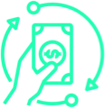 Icon for managing liquidity with a hand holding cash and arrows